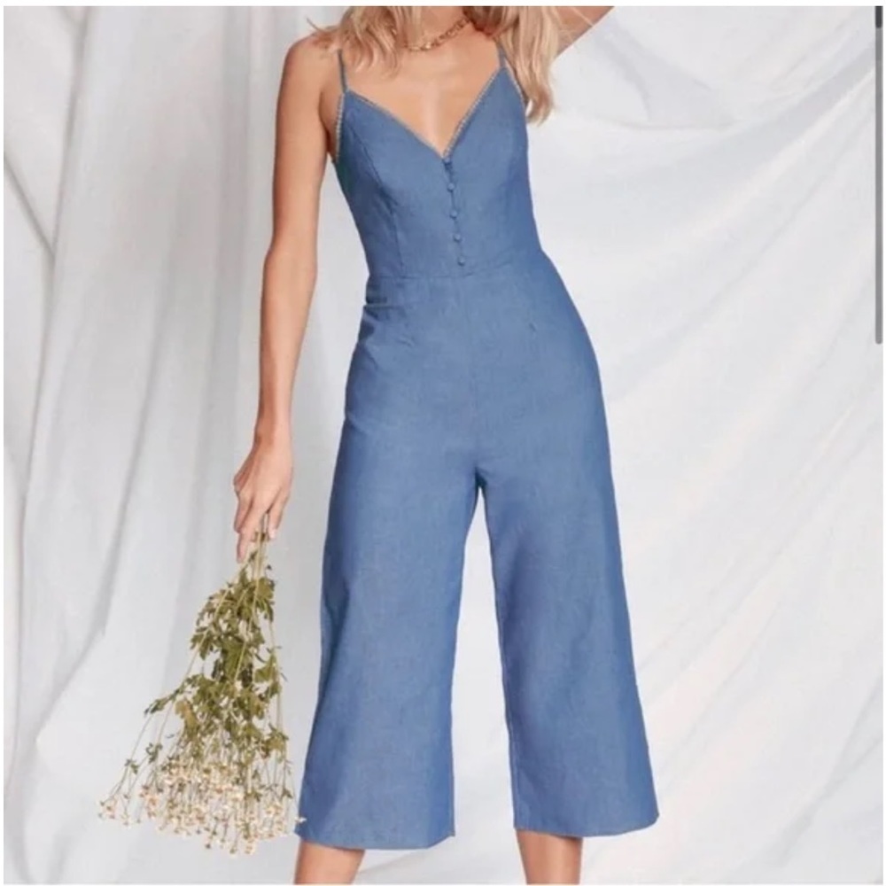 Lulu's Dusty Blue Spaghetti Strap Cropped Jumpsuit